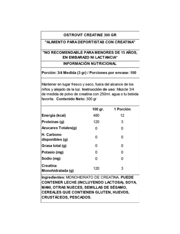 Creatina Monohydrate OSTROVIT 300grs Sin Sabor - Bolsa - Imagen 2